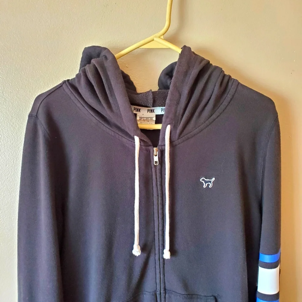 Victoria Secret PINK Womens L Black Fleece Full Zip Drawstring Hooded Jacket - Picture 2 of 9